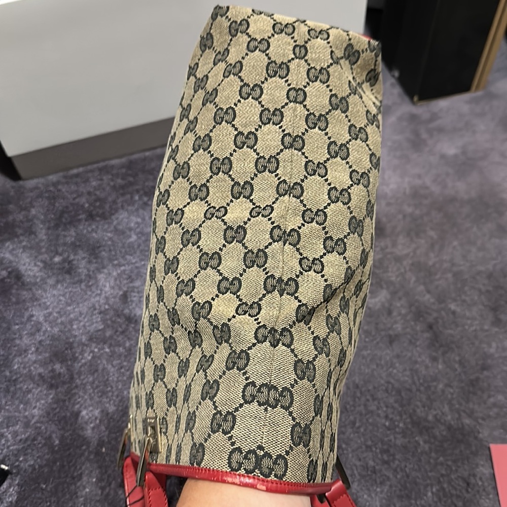 Gucci Signature Print Canvas Tote with red leather handles and trim. - Picture 15 of 17